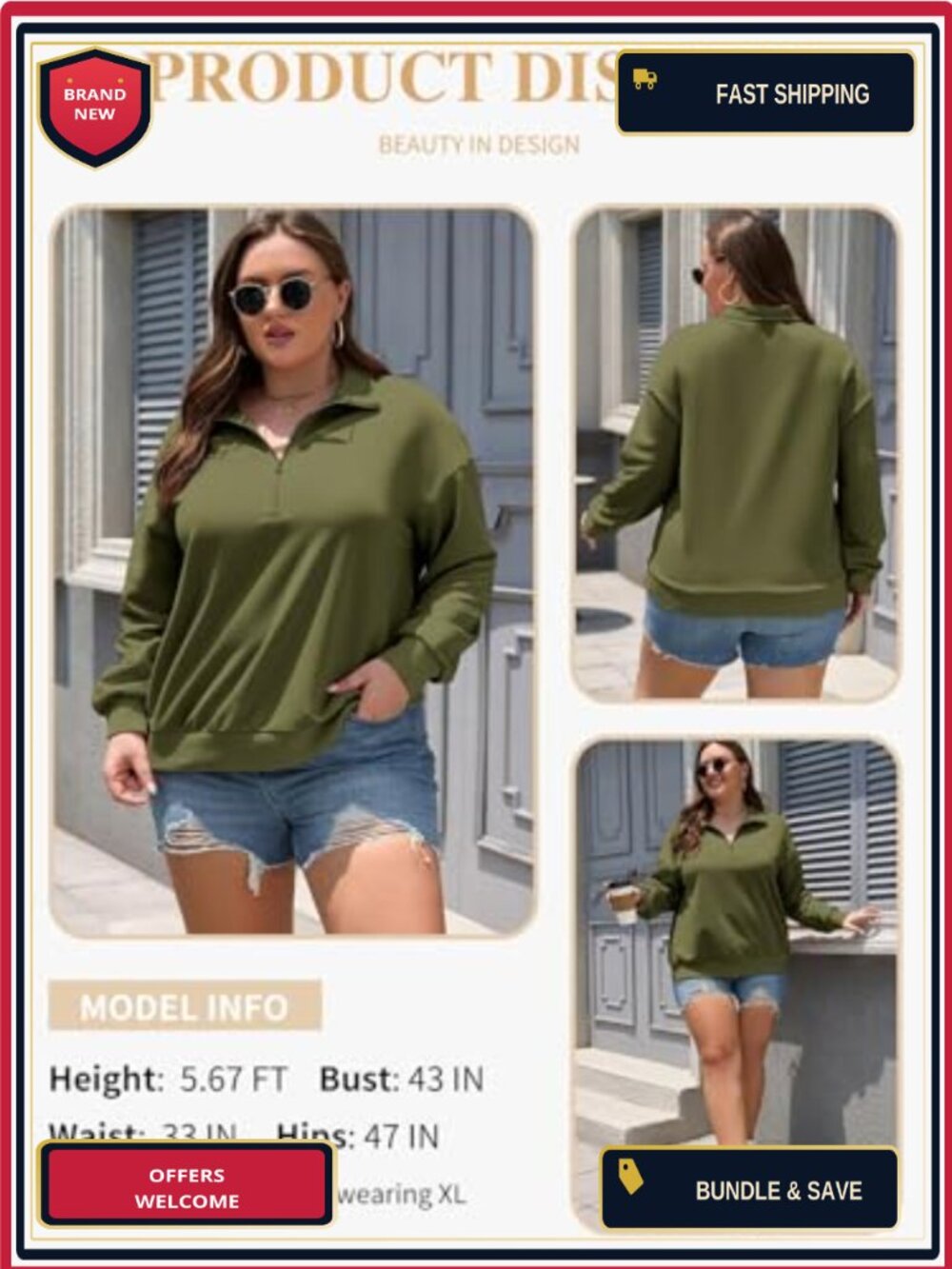 Plus Size Half Zip Sweatshirt Hoodie Long Sleeve Drop Shoulder Oversized - Picture 2 of 6
